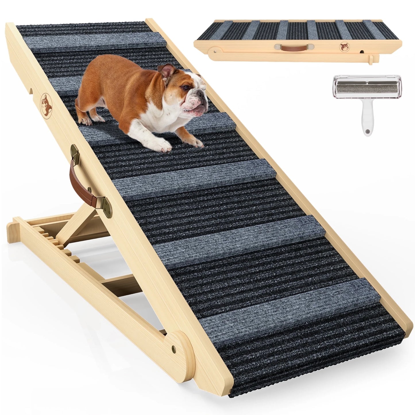 AOWOS Adjustable Dog Ramp for Couch, Bed, Car, Wooden Pet Ramp for Small and Large Dogs & Cats, Height from 10.8" to 26.6"(Supports up to 150LBS)