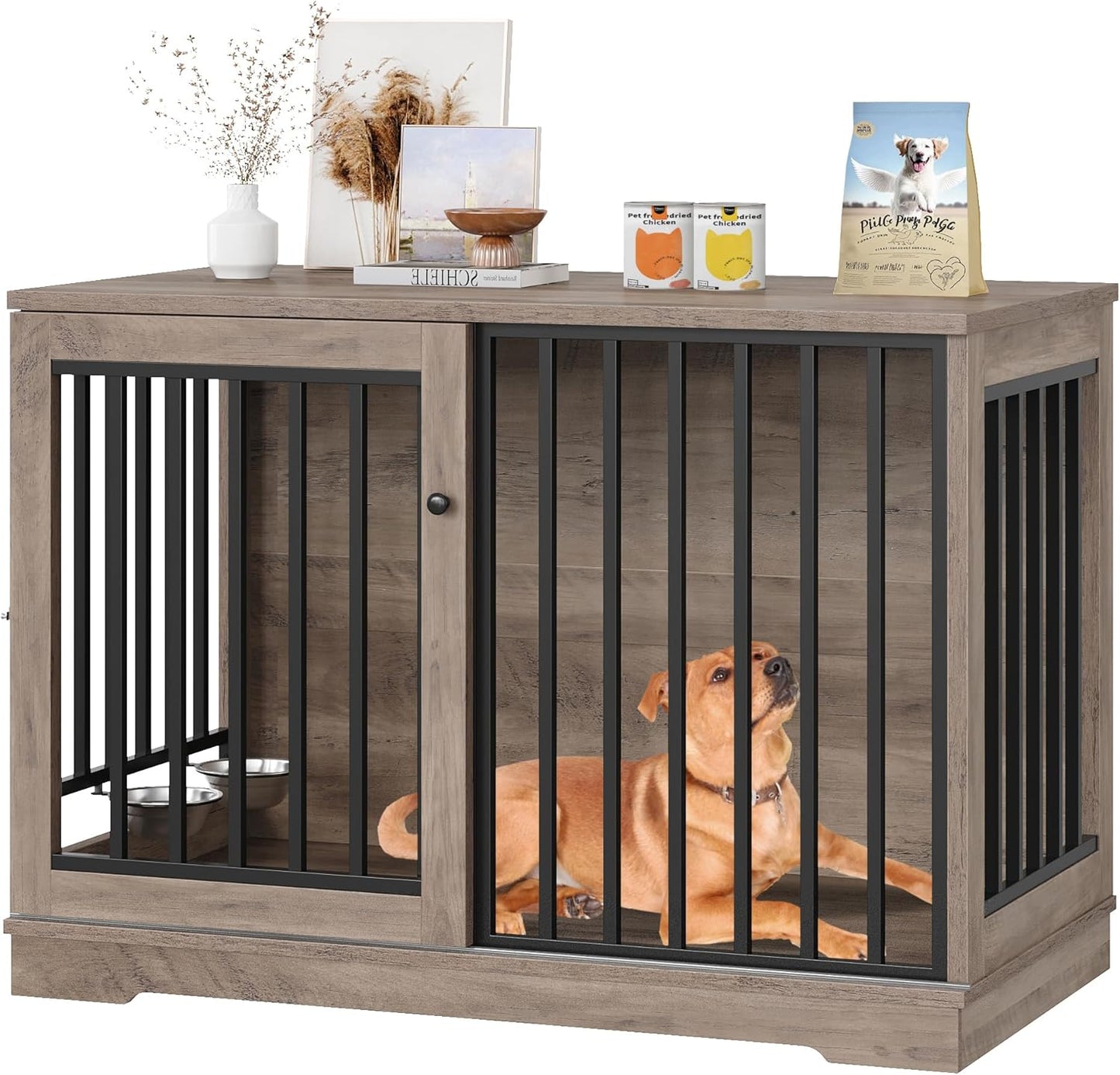 AOWSO 38" Dog Crate, Wooden Dog Kennel Indoor with 360° & Adjustable Raised Dog Bowls Feeder, 2-Door Heavy-Duty Pet House End Table for Medium to Large Dogs, Gray