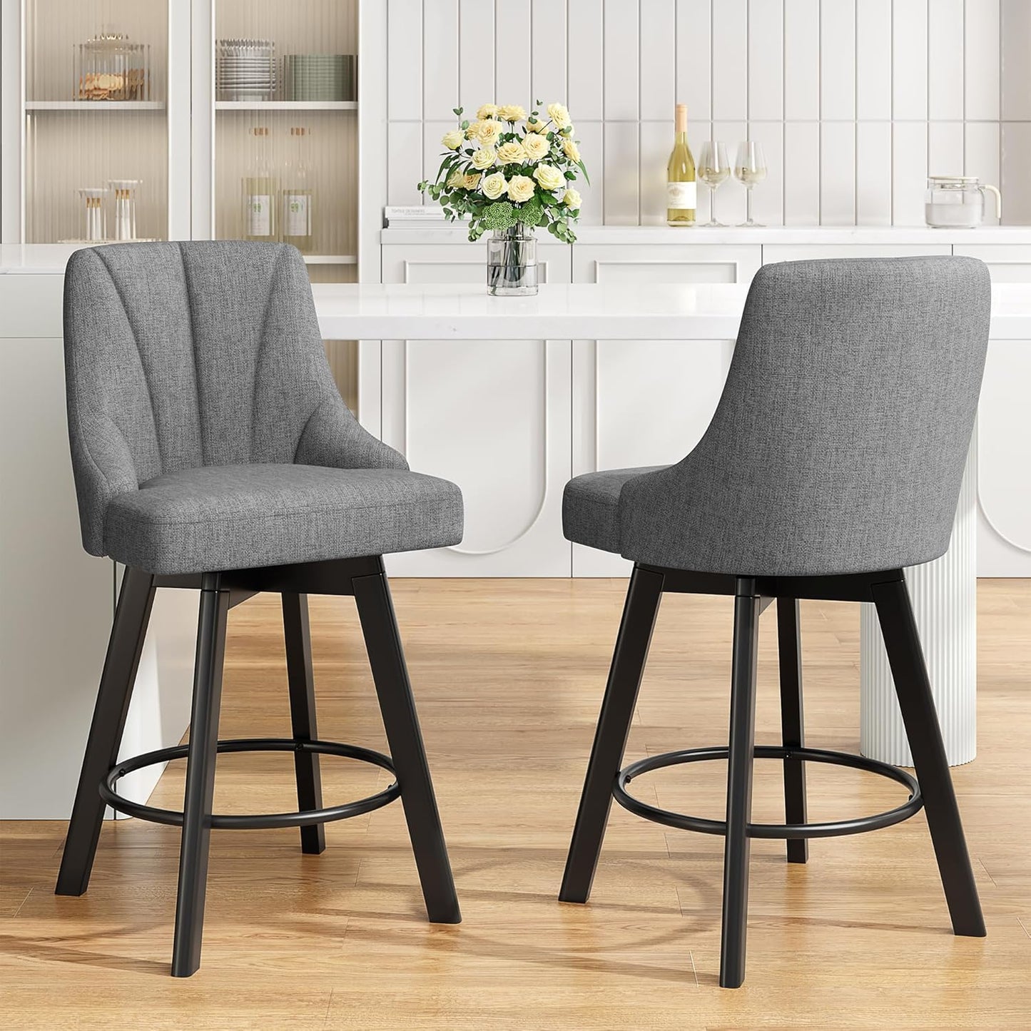 Yafiti Swivel Bar Stools with Backs, 24" Counter Height Bar Stools Set of 2, Fabric Upholstered Counter Barstools with Solid Wood Legs for Kitchen Island, Home Bar, Dark Gray