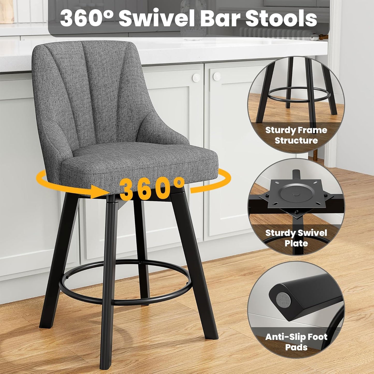 Yafiti Swivel Bar Stools with Backs, 24" Counter Height Bar Stools Set of 2, Fabric Upholstered Counter Barstools with Solid Wood Legs for Kitchen Island, Home Bar, Dark Gray