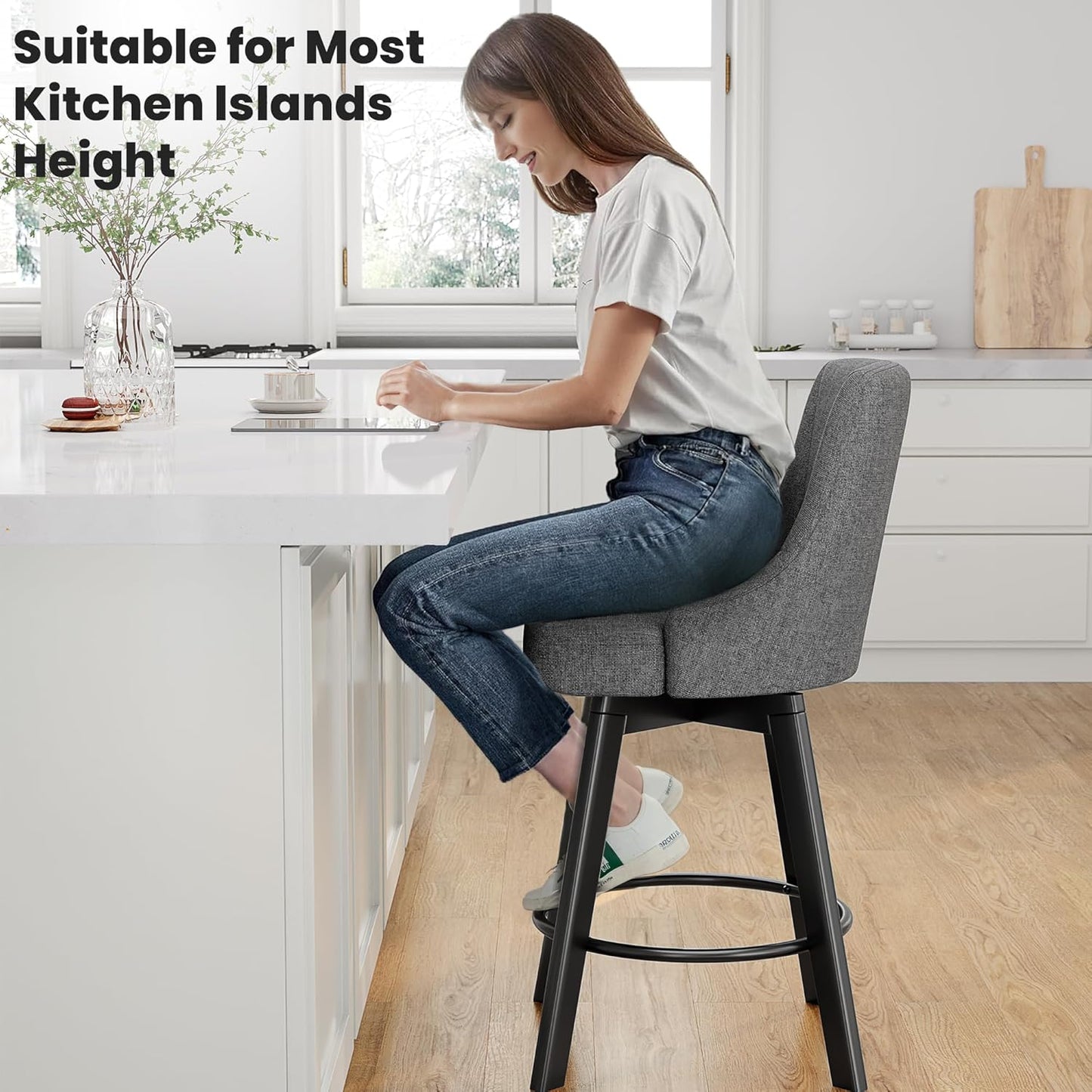 Yafiti Swivel Bar Stools with Backs, 24" Counter Height Bar Stools Set of 2, Fabric Upholstered Counter Barstools with Solid Wood Legs for Kitchen Island, Home Bar, Dark Gray
