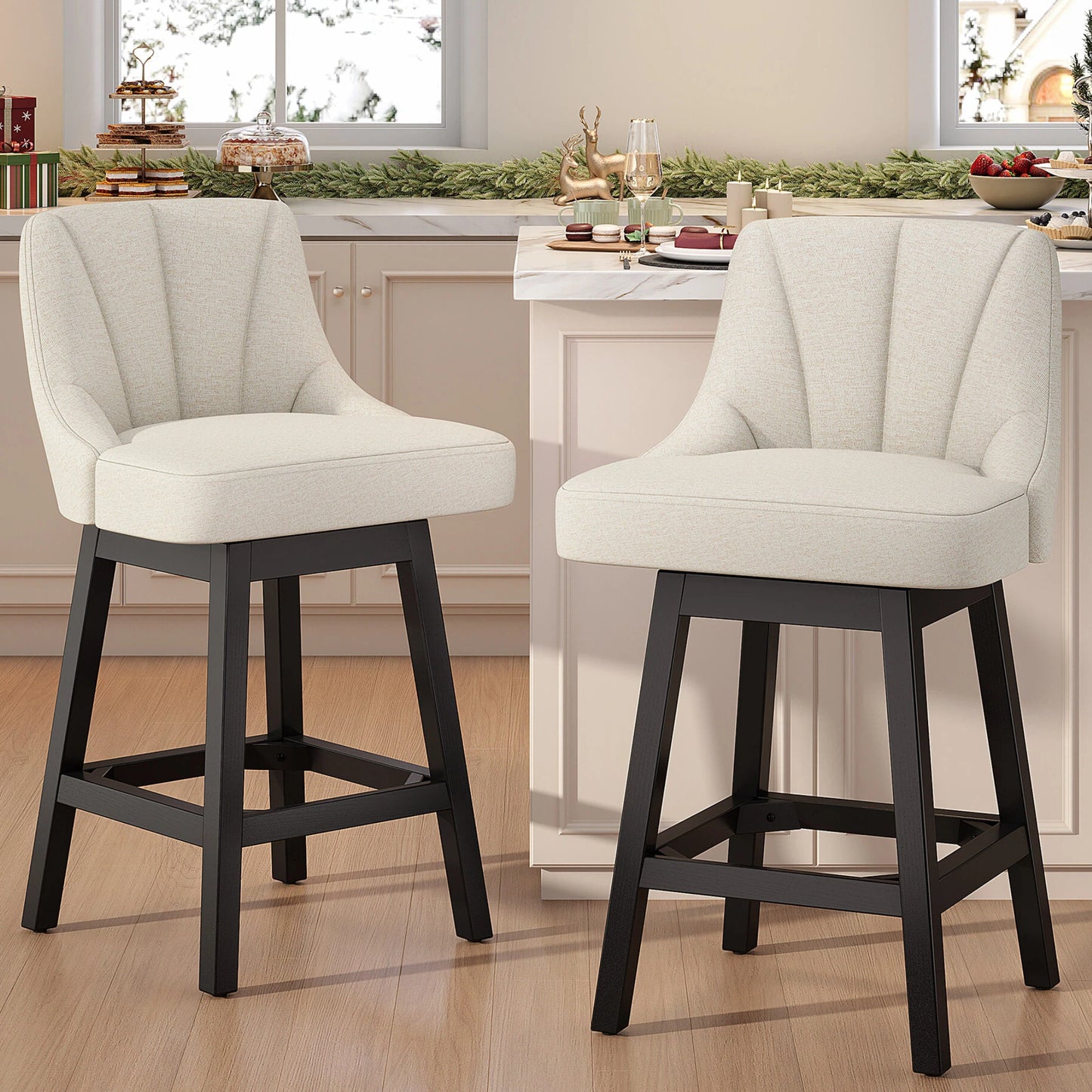 YaFiti Swivel Bar Stools with Backs, 26" Counter Height Bar Stools Set of 2, Modern Leather Extra Upholstered Counter Barstools with Square Solid Wood Legs for Kitchen Island, Dining Room, Black
