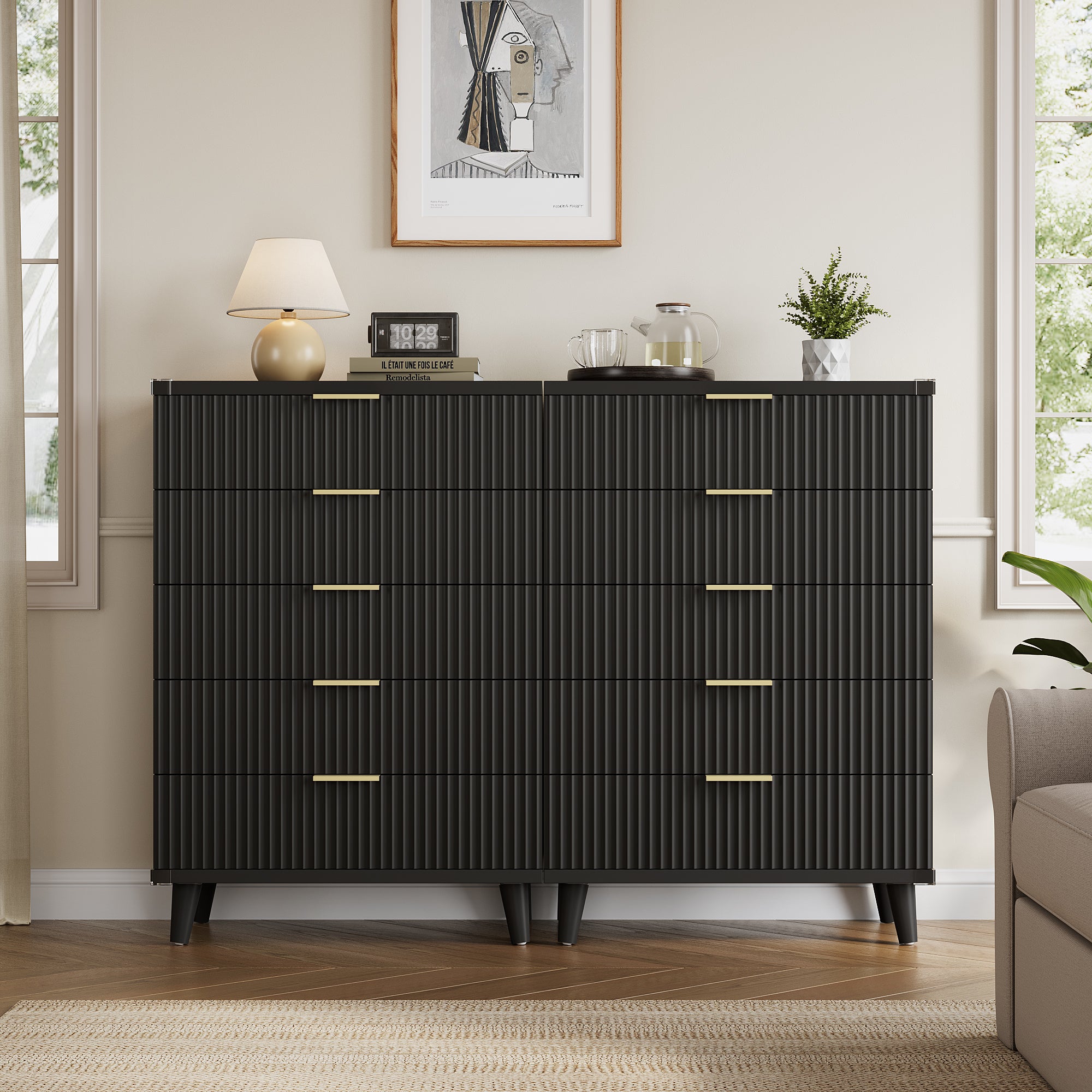 GIKPAL Fluted Tall Dresser Set of 2, Modern Fluted Black Dresser Wood