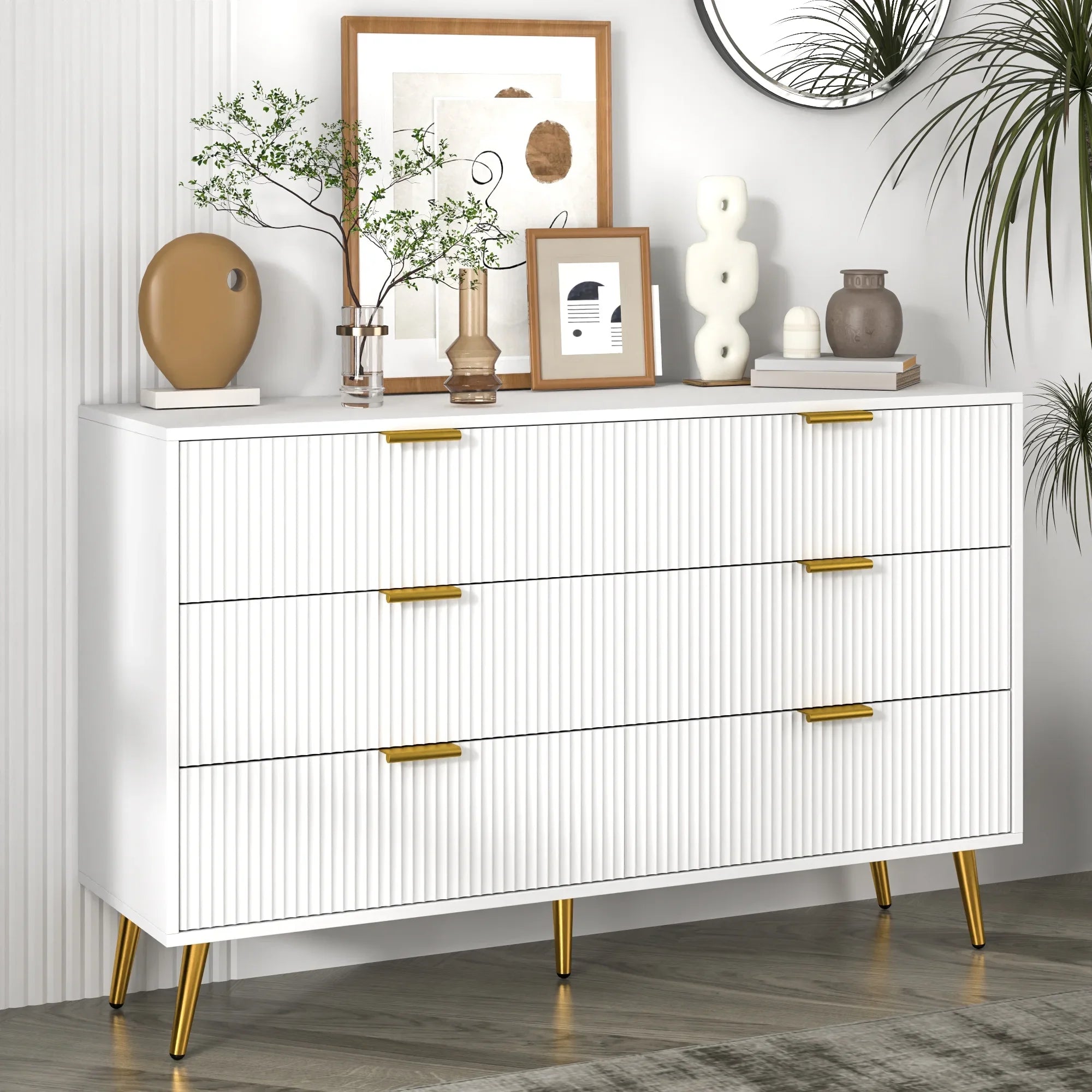 AOWOS Fluted 6 Drawers Dresser, Large Modern Chest of Drawers, Curved