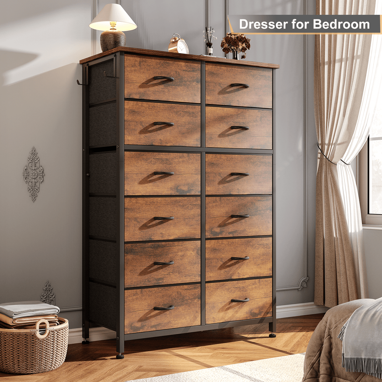 Aowos 12 Drawer Dresser, Dressers for Bedroom Chest of Drawers, Tall Dresser for Kids and Adult, Steel Frame and Wooden Top Brown