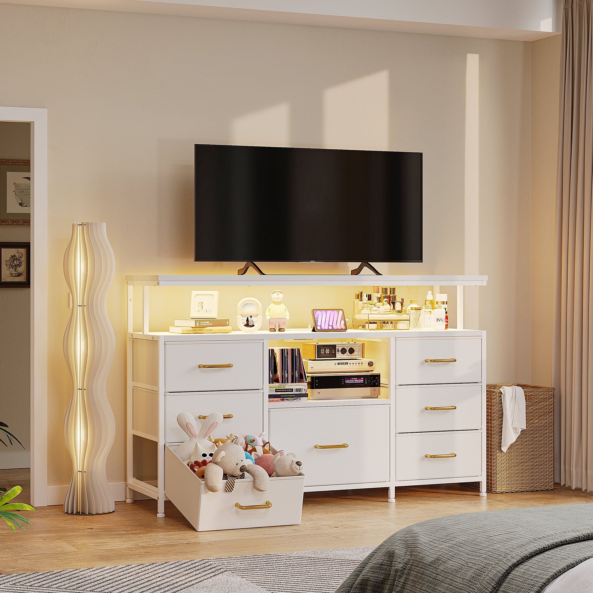 Aowos Dresser TV Stand with 4 Drawers Dressers for Bedroom, White Dres Aowos Dresser TV Stand with 4 Drawers Dressers for Bedroom, White Dres