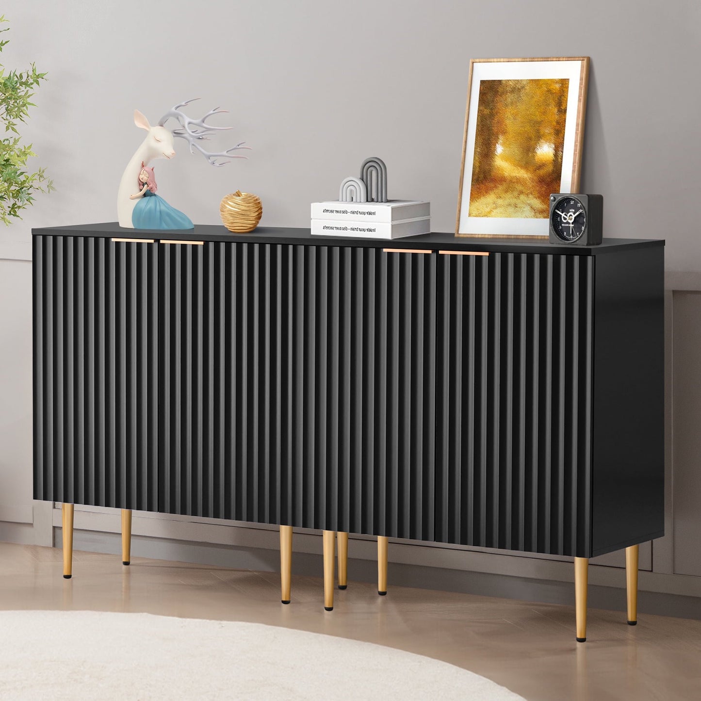GIKPAL Black Sideboard Kitchen Cabinet with Storage Set of 2, Fluted Sideboard Buffet Cabinet with Drawers and Adjustable Shelf, Modern Console Cabinet Organizer with Doors