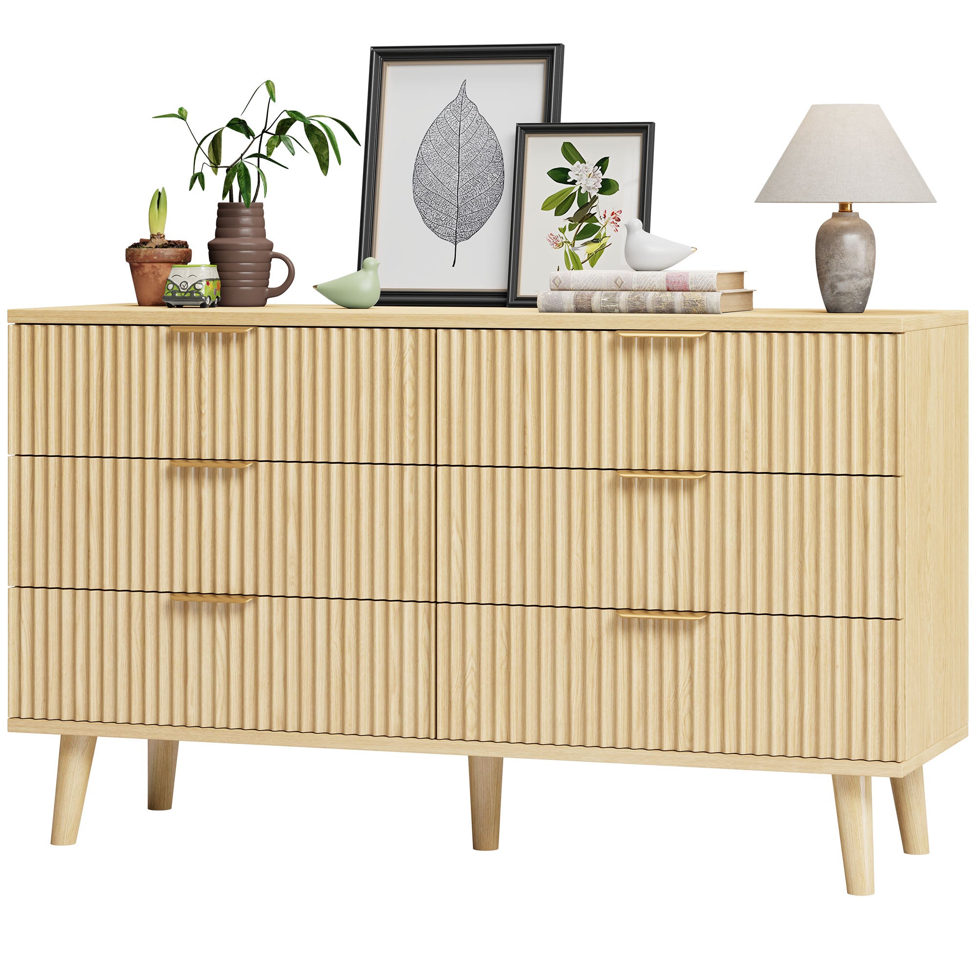 AOWOS Fluted 6 Drawers Dresser, Large Modern Chest of Drawers, Curved