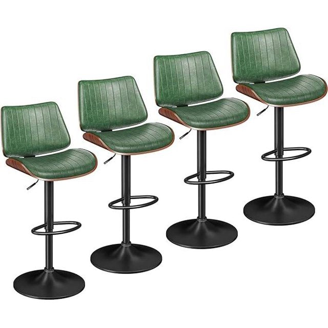 YaFiti Bar Chair Set of 4 Bar Stools Upholstered PU Leather Lift Swivel Barstools Height Adjust Counter Chair with Bentwood Back Metal Base for Dining Room Kitchen Club Green