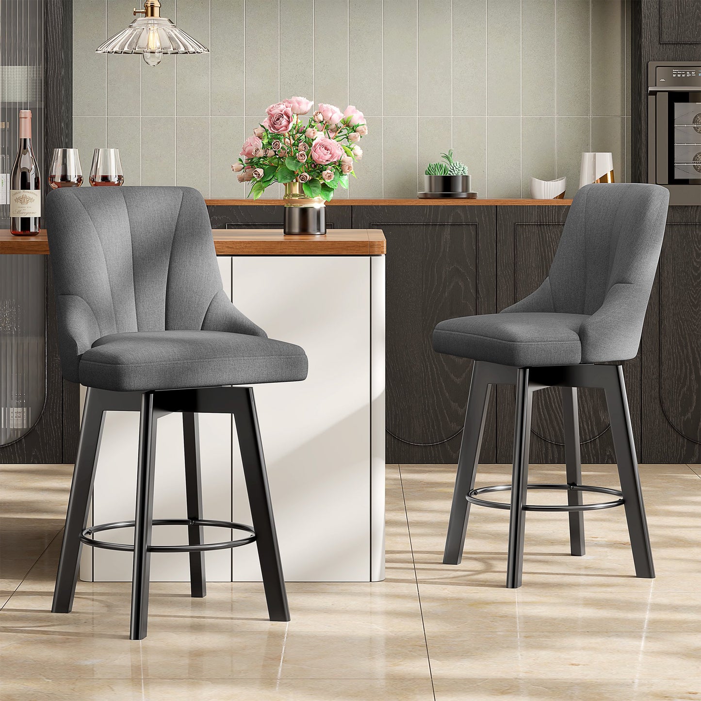 YaFiti Bar Stools with Backs Set of 4, 24" Counter Height Bar Stools, Fabric Upholstered Swivel Bar Stools with Solid Wood Legs for Kitchen, Home Bar, Dark Gray