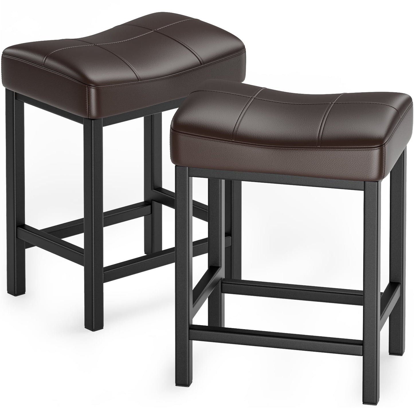 YaFiti Pub-Height Counter Bar Stools 24" Set of 2 PU Leather Accent Stool with Metal Base, Brown