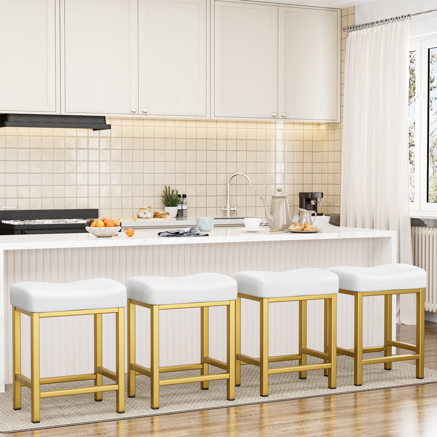 YaFiti Pub-Height Counter Bar Stools 24" Set of 4 PU Leather Accent Stool with Metal Base, White