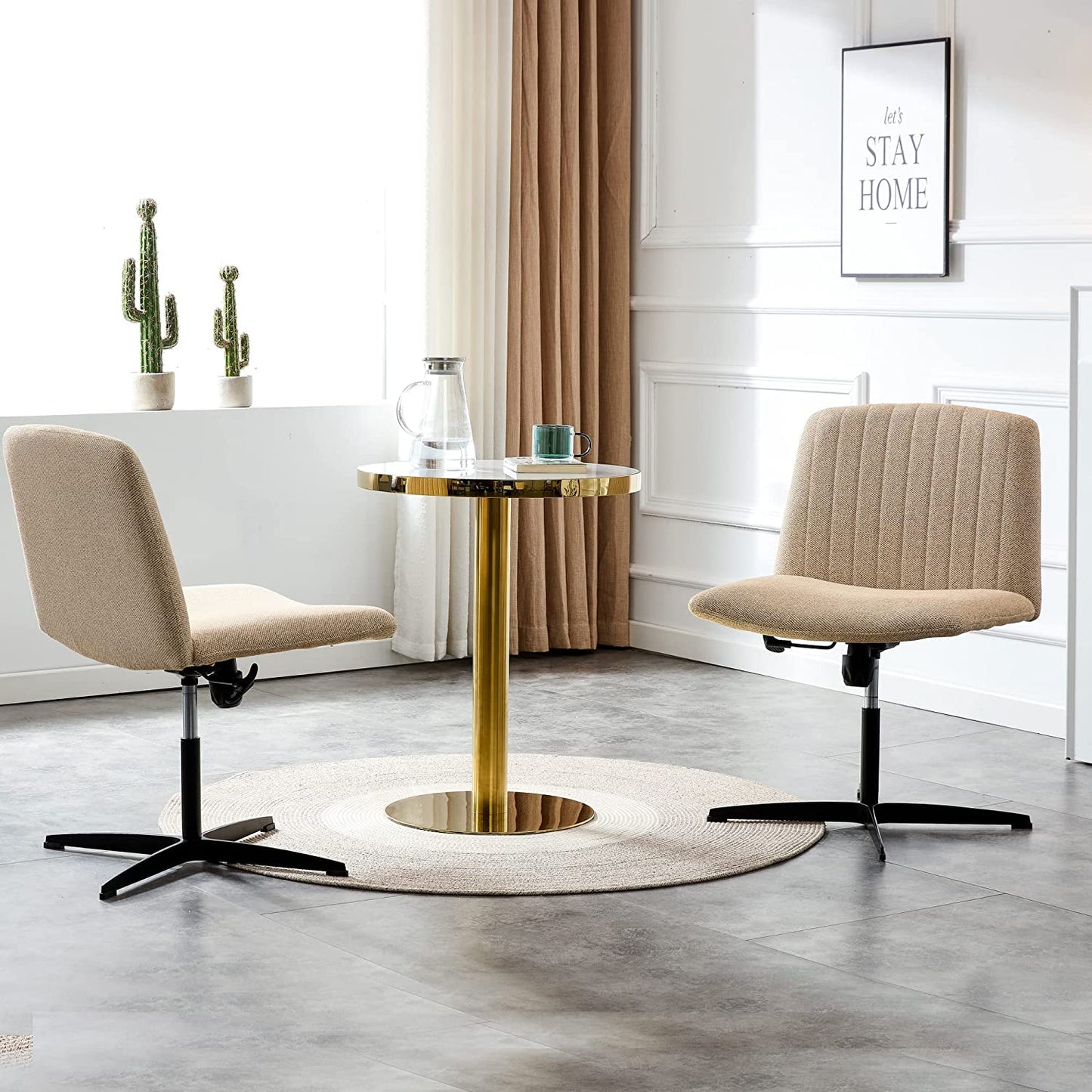YaFiti Armless Office Desk Chair No Wheels Modern Swivel Vanity Chair, Beige