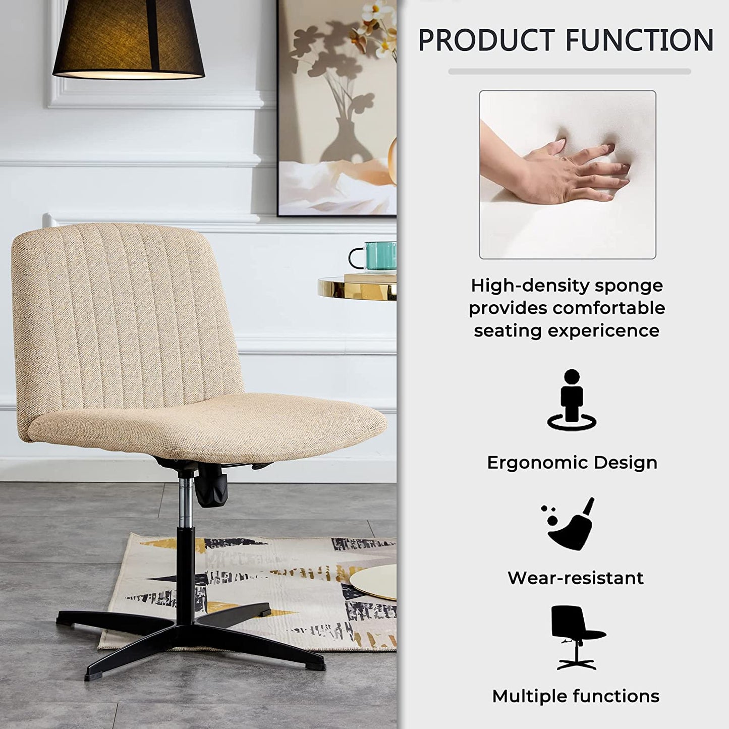 YaFiti Armless Office Desk Chair No Wheels Modern Swivel Vanity Chair, Beige