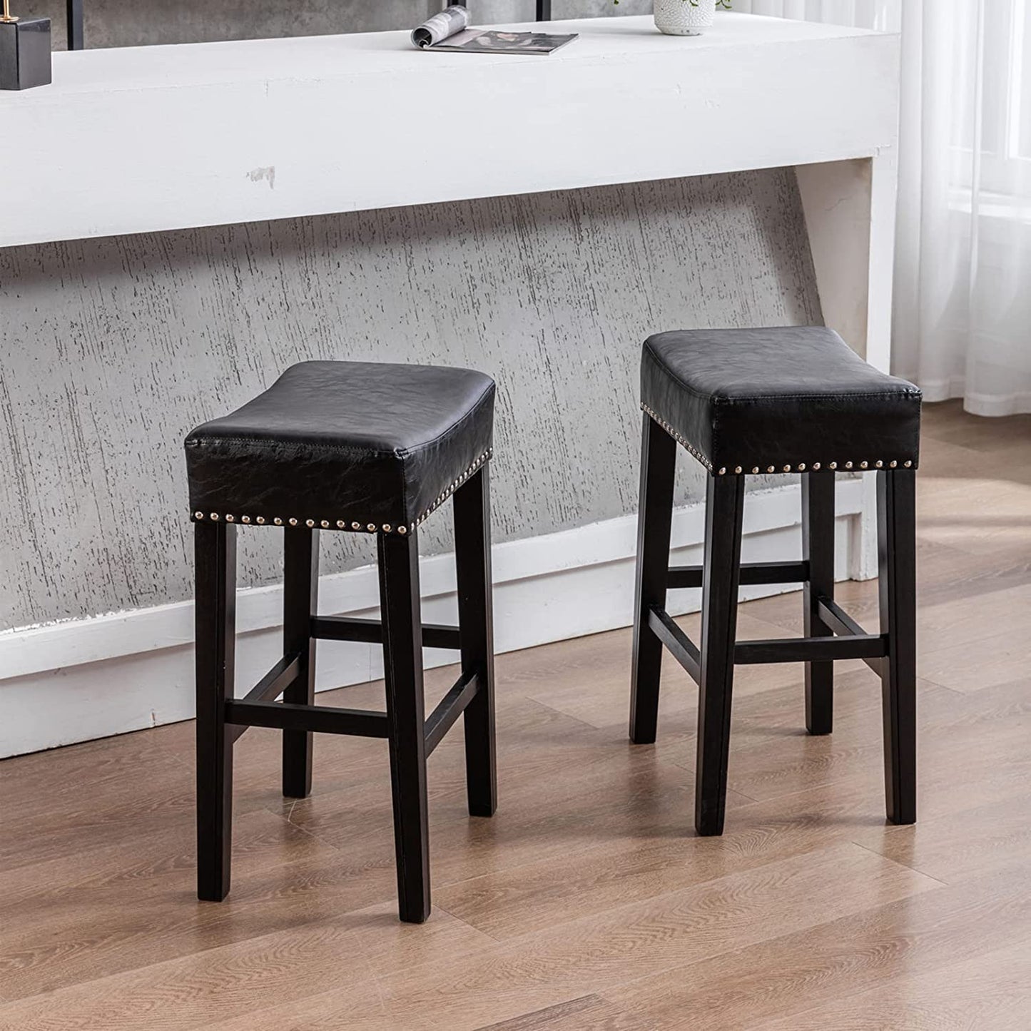 YaFiti 26" PU Leather Bar Stools Set of 2 with Solid Wood Legs Black