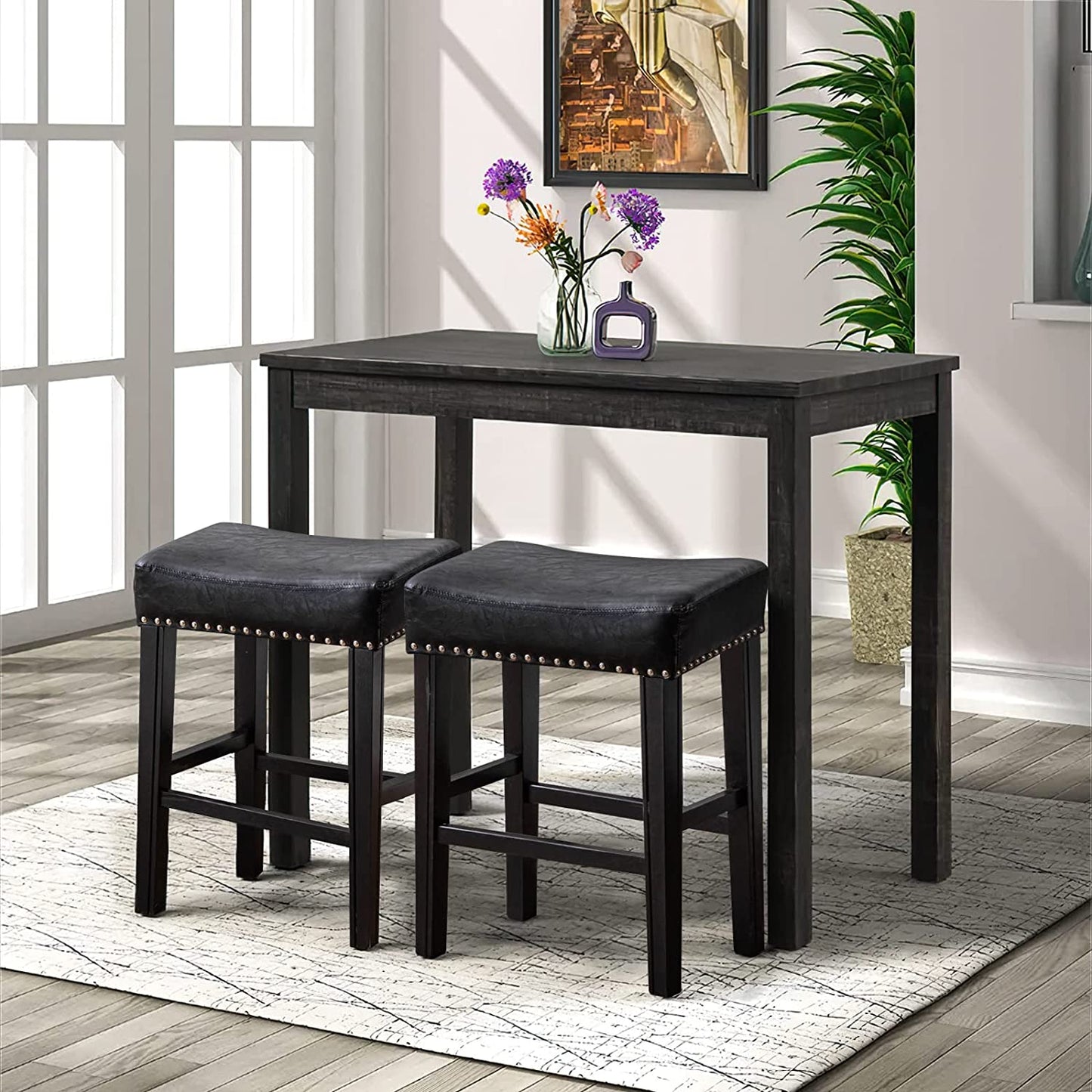 YaFiti 26" PU Leather Bar Stools Set of 2 with Solid Wood Legs Black