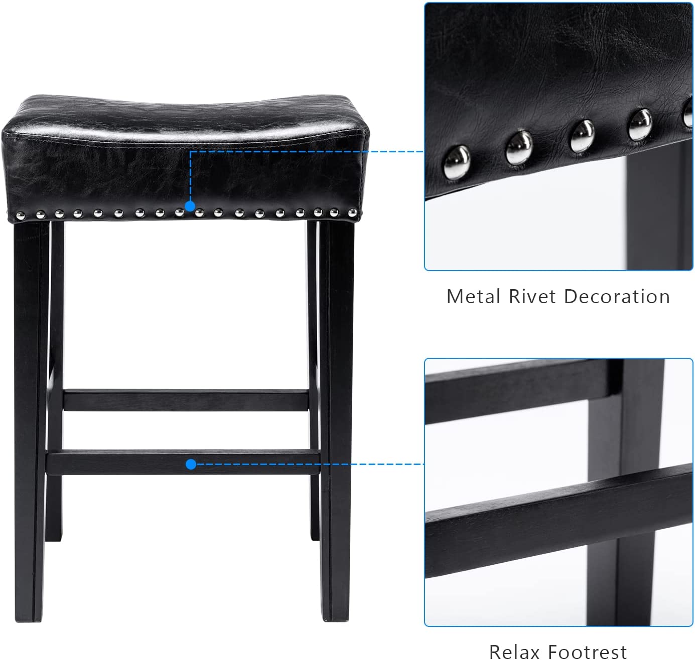 YaFiti 26" PU Leather Bar Stools Set of 2 with Solid Wood Legs Black