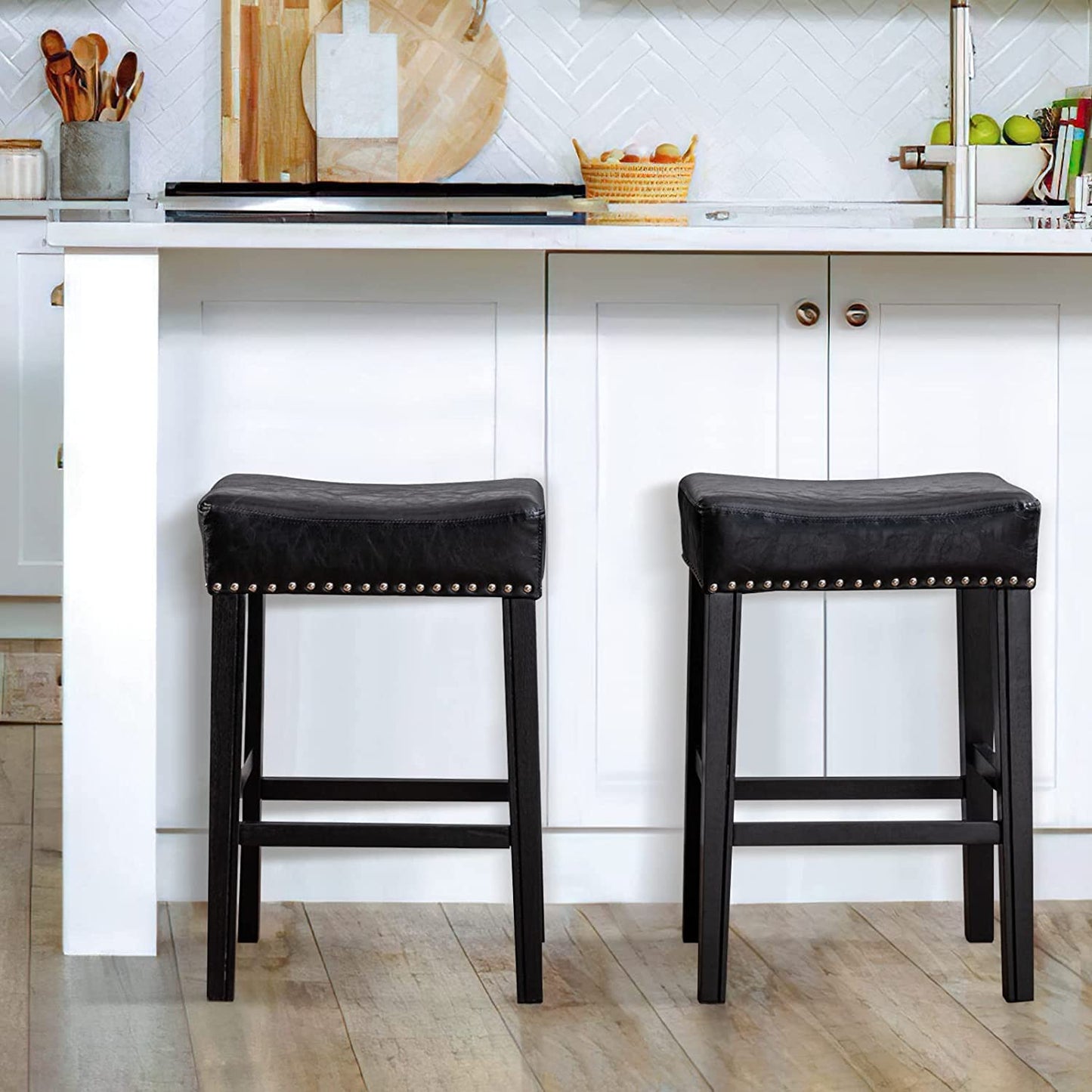 YaFiti 26" PU Leather Bar Stools Set of 2 with Solid Wood Legs Black