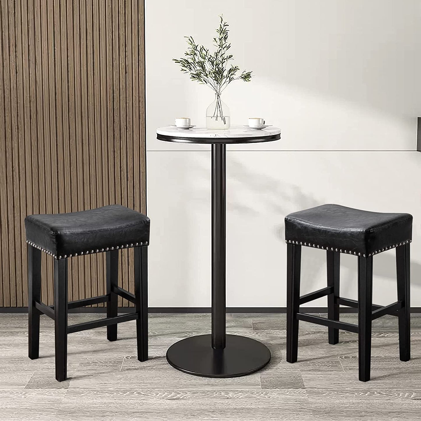 YaFiti 26" PU Leather Bar Stools Set of 2 with Solid Wood Legs Black