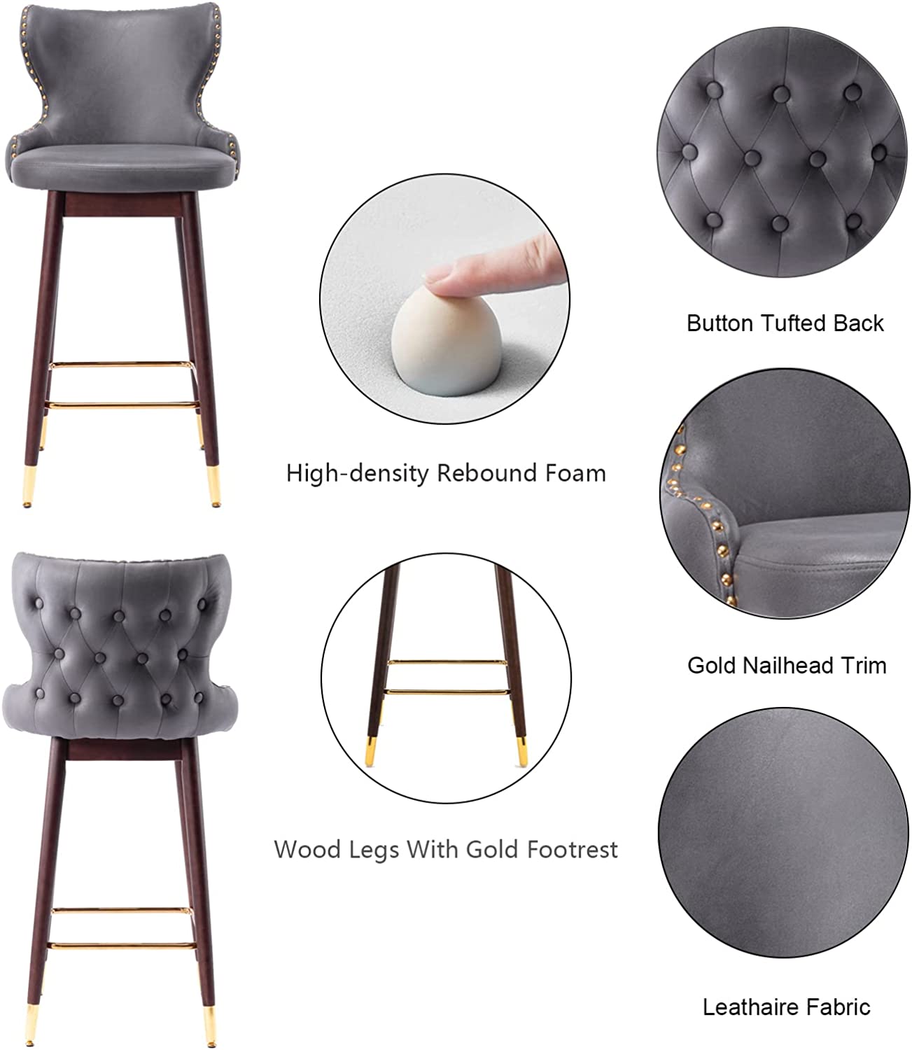 YaFiti Counter Height Chairs Set of 2 29.9''Modern Leathaire Fabric Bar Stools (Dark Grey)