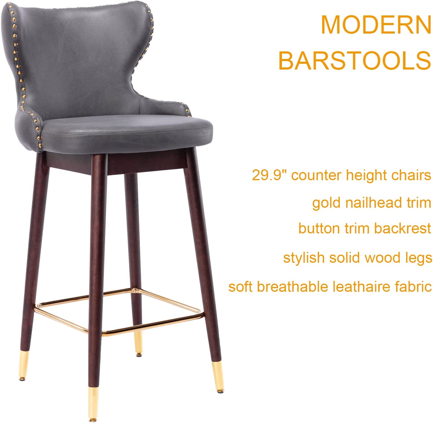 YaFiti Counter Height Chairs Set of 2 29.9''Modern Leathaire Fabric Bar Stools (Dark Grey)