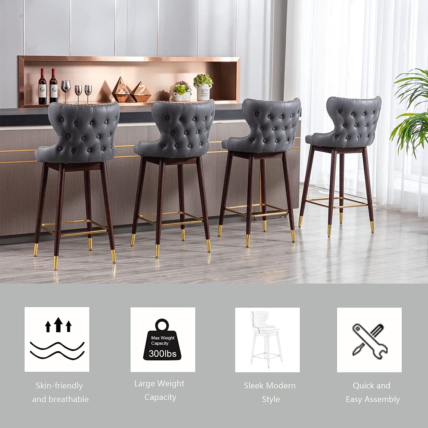 YaFiti Counter Height Chairs Set of 2 29.9''Modern Leathaire Fabric Bar Stools (Dark Grey)
