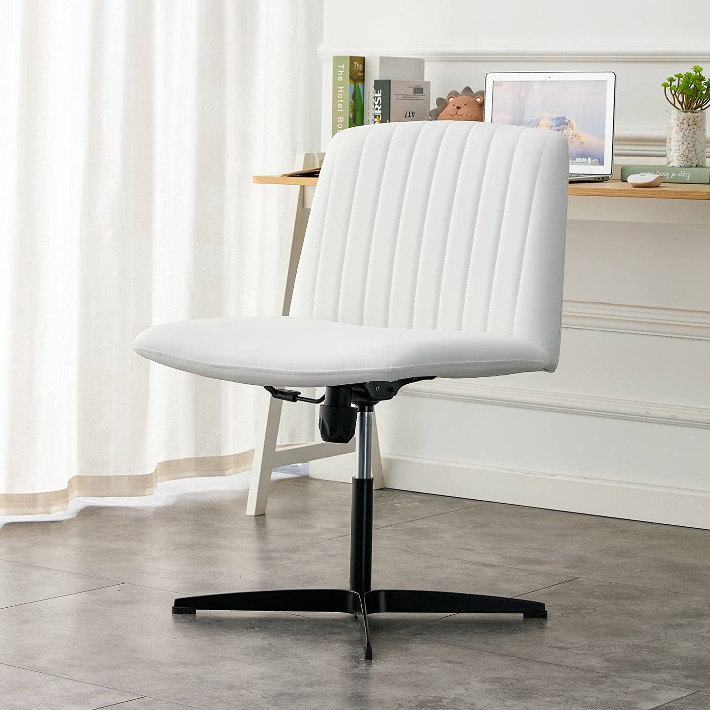 YaFiti Armless Office Desk Chair No Wheels Modern Swivel Vanity Chair, White