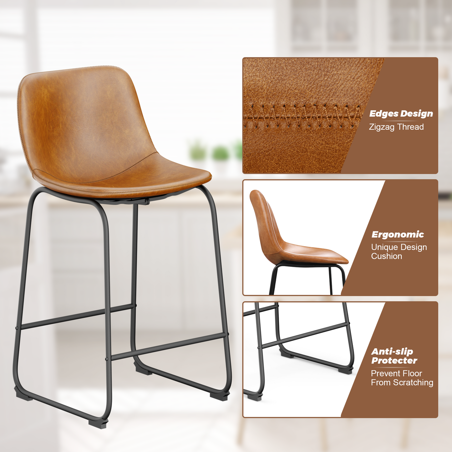 YaFiti 26'' PU Leather Upholstered Bar Stool Set of 2,Modern Bar Chairs for Kitchen Living Room Pub, Brown