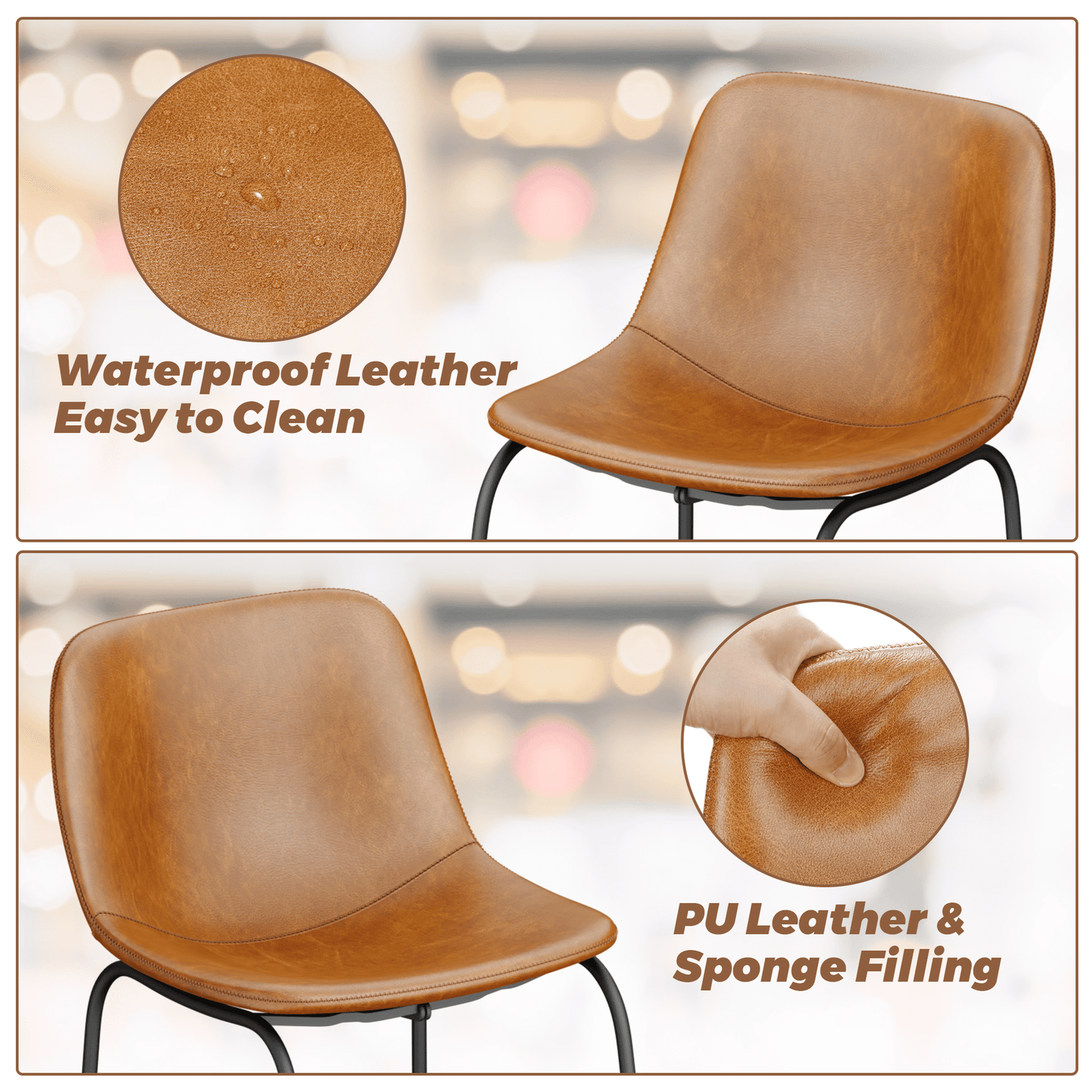 YaFiti 26'' PU Leather Upholstered Bar Stool Set of 2,Modern Bar Chairs for Kitchen Living Room Pub, Brown
