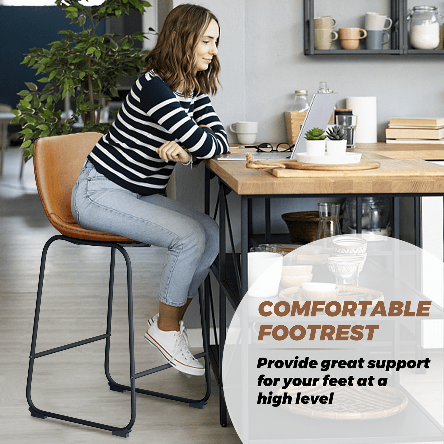 YaFiti 26'' PU Leather Upholstered Bar Stool Set of 2,Modern Bar Chairs for Kitchen Living Room Pub, Brown