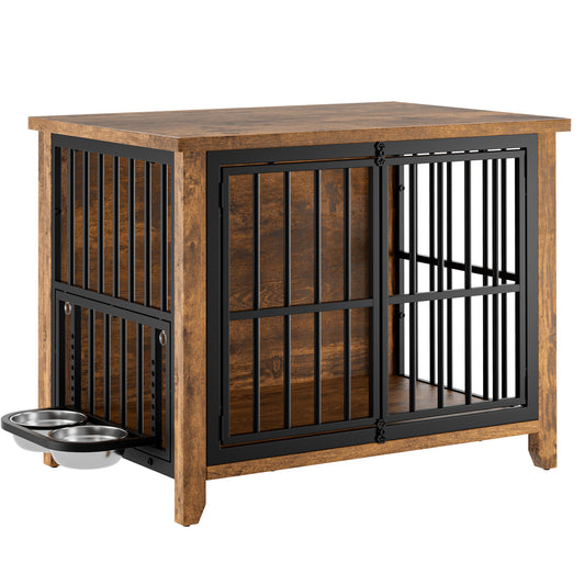 AOWSO 32" Dog Crate, Wooden Dog Kennel Indoor with 360° & Adjustable Raised Dog Bowls Feeder, 2-Door Heavy-Duty Pet House End Table for Small to Medium Dogs, Brown
