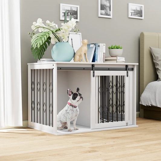 AOWOS 32-Inch Dog Crate with Pads, 2-Door Heavy-Duty Indoor Wooden Dog Cage on Wheels for Small to Medium Dogs up to 70 lbs,White