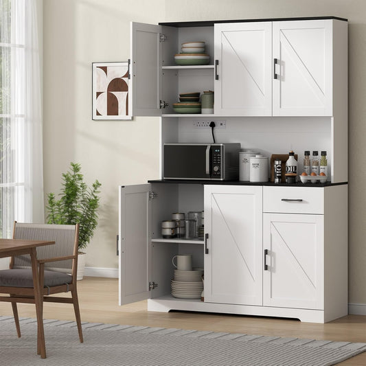 Aowos Kitchen Pantry Storage Cabinet with Power Outlet, Buffet Sideboard with Doors & Adjustable Shelves, Hutch Cabinet with Drawer for Kitchen Living Room