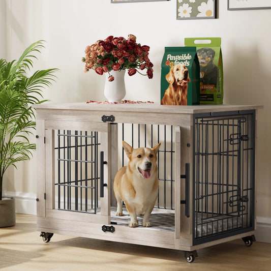 GIKPAL 32-Inch Dog Crate with Pads, 2-Door Heavy-Duty Indoor Wooden Dog Cage on Wheels for Small to Medium Dogs up to 50 lbs