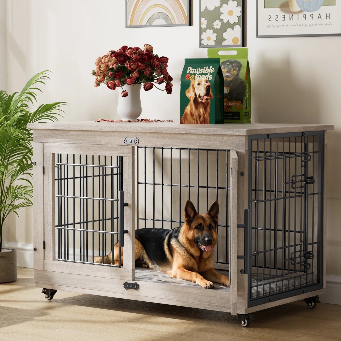 GIKPAL 38-Inch Dog Crate With Wooden, 2 Door Heavy Duty Indoor Dog Cage with Pads and Wheels for Medium to Large Dogs up to 75 lbs