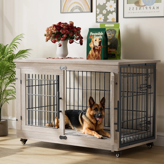 GIKPAL 38-Inch Dog Crate With Wooden, 2 Door Heavy Duty Indoor Dog Cage with Pads and Wheels for Medium to Large Dogs up to 75 lbs