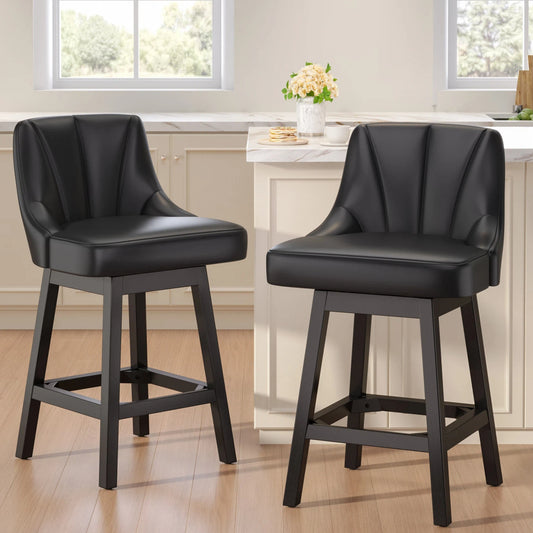 YaFiti Swivel Bar Stools with Backs, 26" Counter Height Bar Stools Set of 2, Modern Leather Extra Upholstered Counter Barstools with Square Solid Wood Legs for Kitchen Island, Dining Room, Black