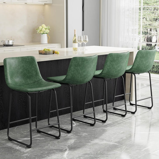 YaFiti Barstools 26'' PU Leather Counter Height Bar Stools Set of 6 with Back Modern Armless Chairs with Footrest and Metal Legs for Kitchen Living Room Pub,Green