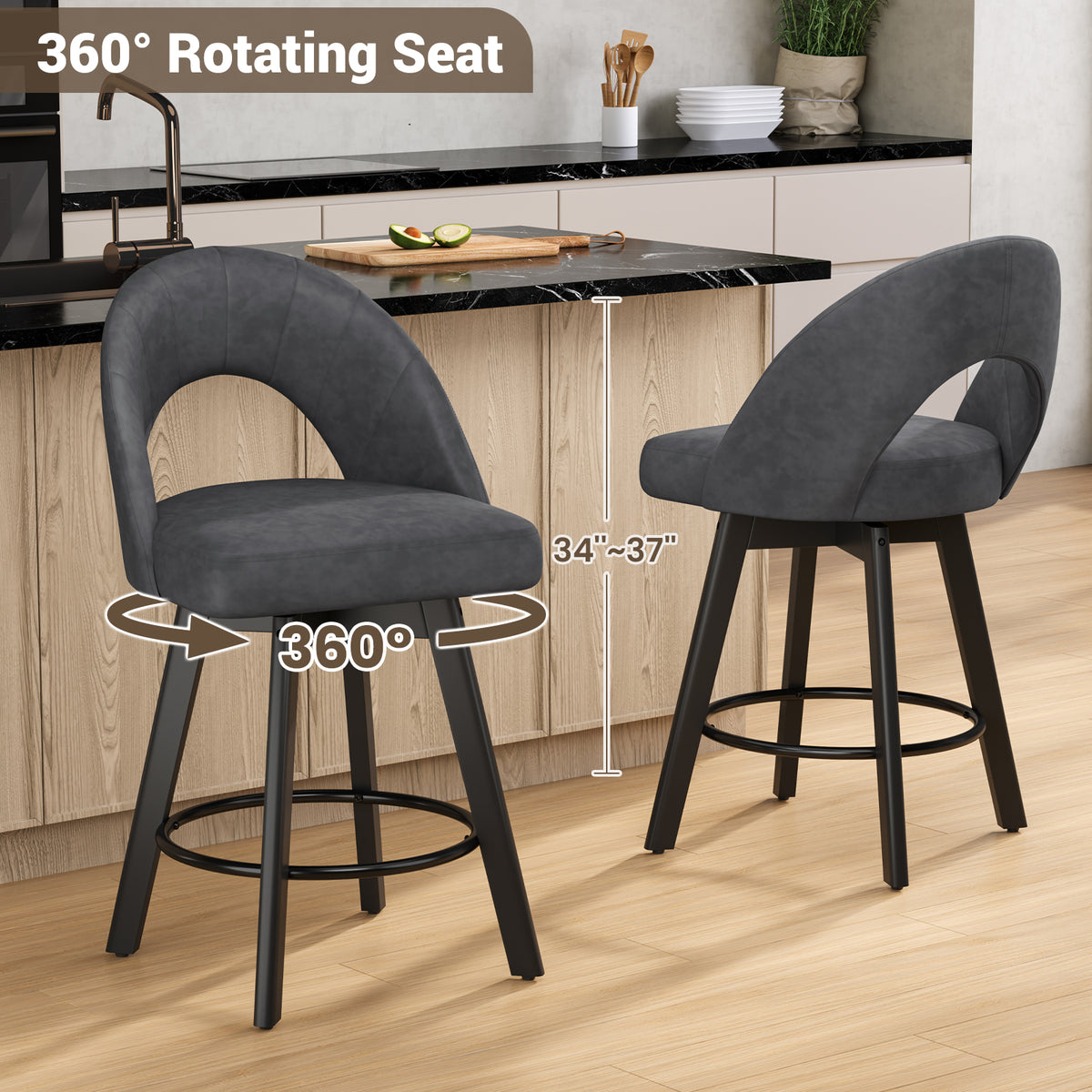 YaFiti 24" Kitchen Island Bar Stools, Charcoal Grey Faux Leather