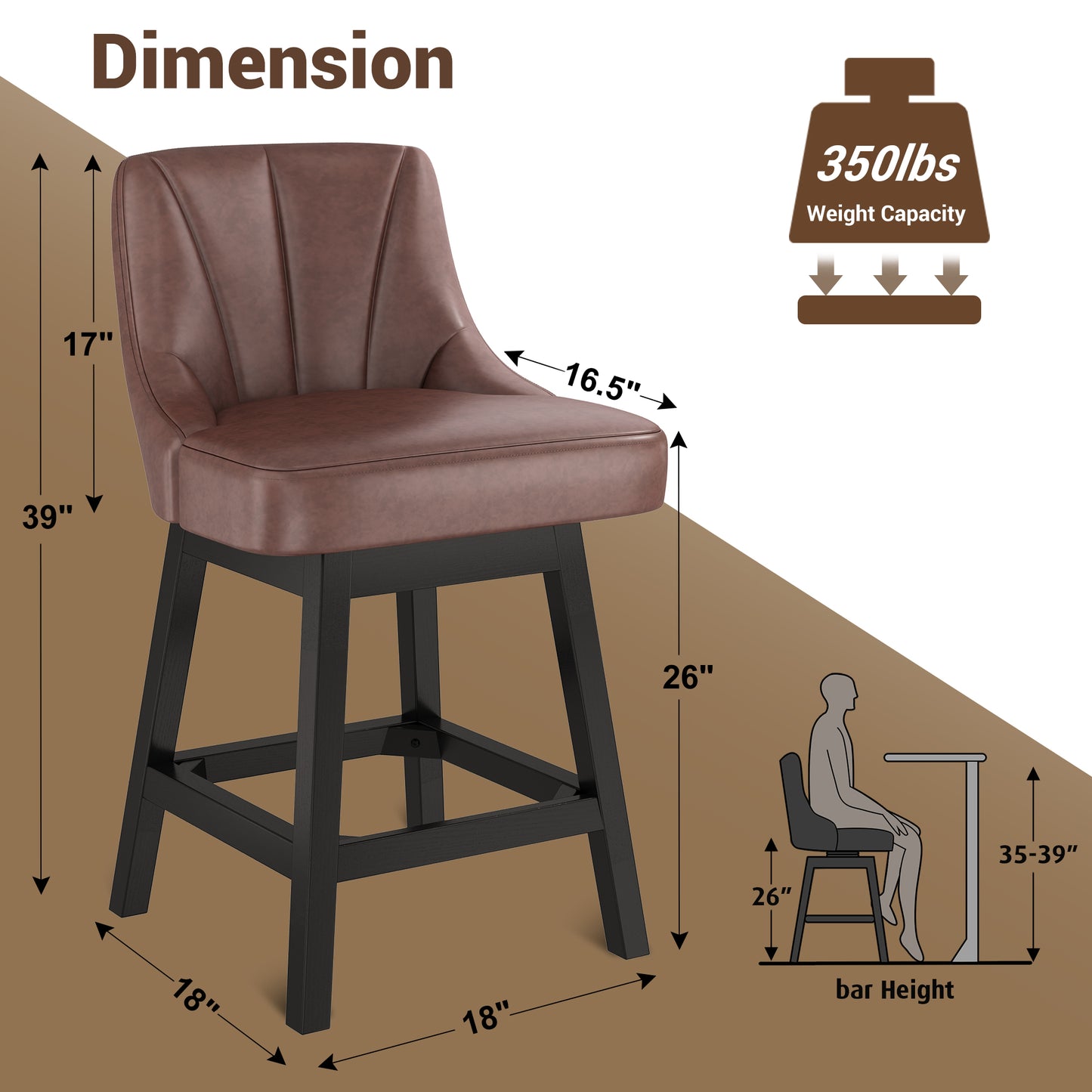 YaFiti Swivel Bar Stools with Backs, 26" Counter Height Bar Stools Set of 2, Modern Leather Extra Upholstered Counter Barstools with Square Solid Wood Legs for Kitchen Island, Dining Room, Brown