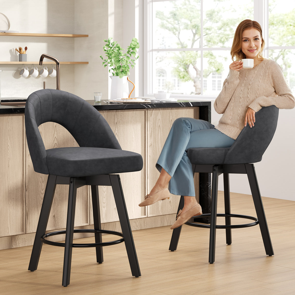 YaFiti 24" Kitchen Island Bar Stools, Charcoal Grey Faux Leather