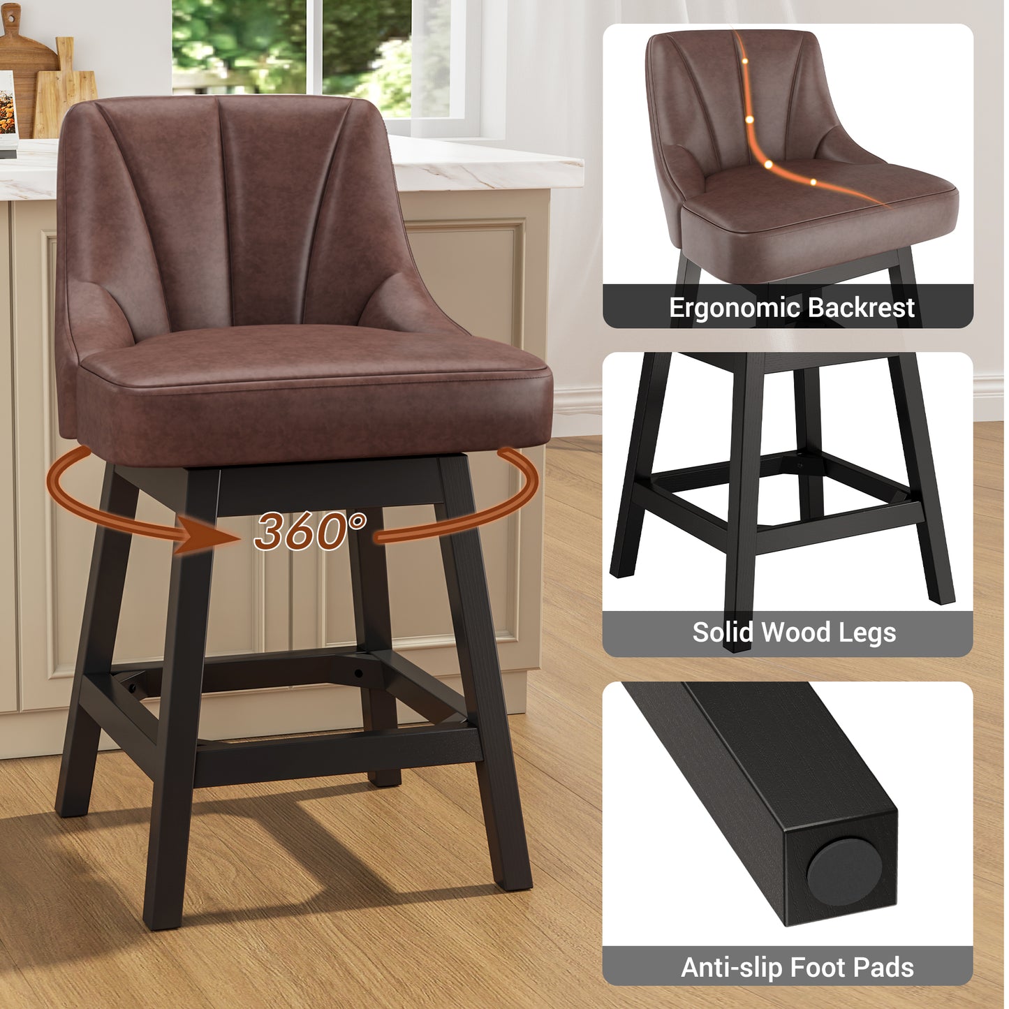YaFiti Swivel Bar Stools with Backs, 26" Counter Height Bar Stools Set of 2, Modern Leather Extra Upholstered Counter Barstools with Square Solid Wood Legs for Kitchen Island, Dining Room, Brown