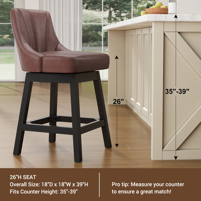YaFiti Swivel Bar Stools with Backs, 26" Counter Height Bar Stools Set of 2, Modern Leather Extra Upholstered Counter Barstools with Square Solid Wood Legs for Kitchen Island, Dining Room, Brown