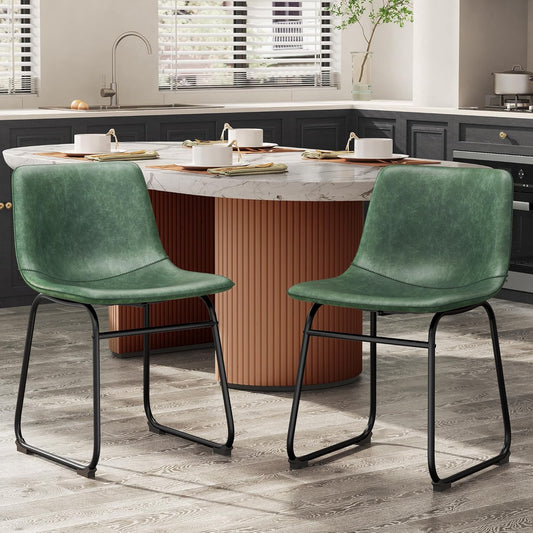 YaFiti Barstools 18'' PU Leather Counter Height Bar Stools Set of 2 with Back Modern Armless Chairs with Footrest and Metal Legs for Kitchen Living Room Pub,Green