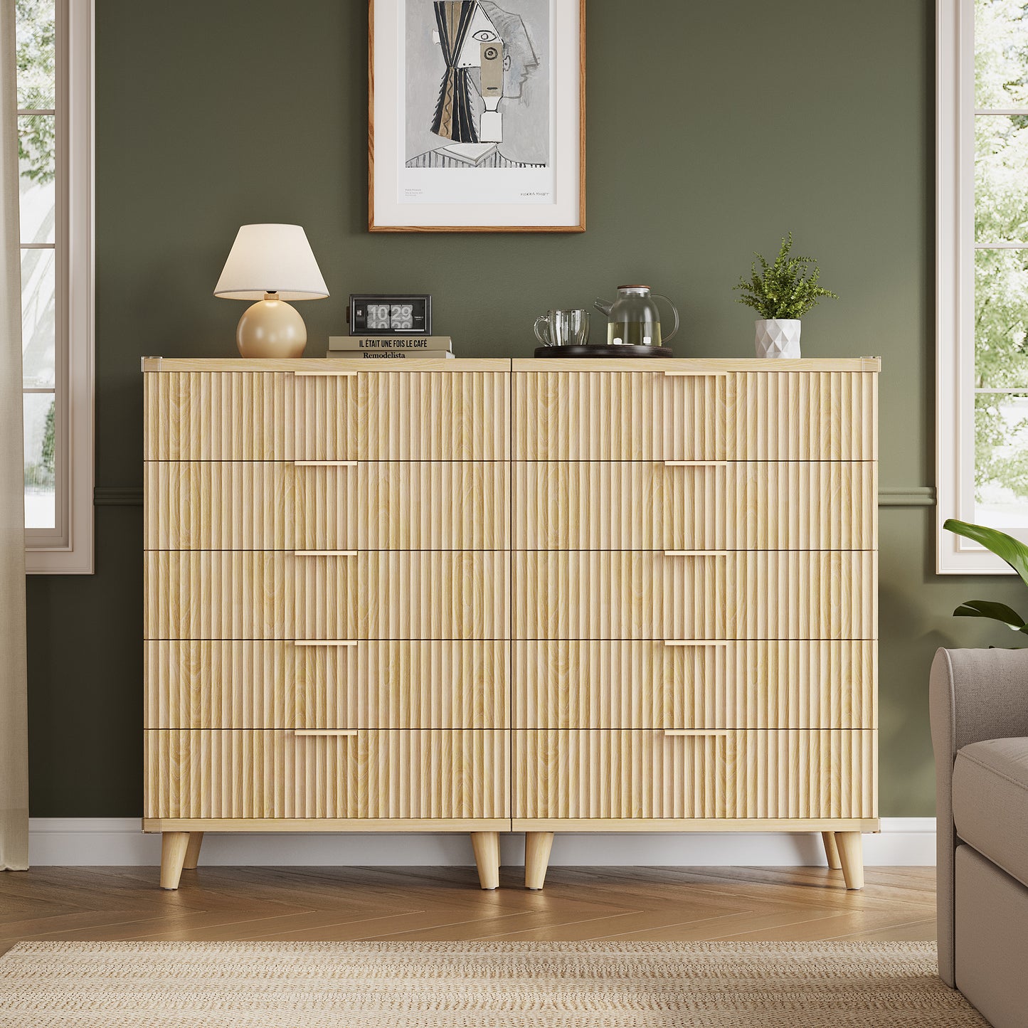 GIKPAL Fluted Tall Dresser Set of 2, Modern Boho Fluted Dresser Wood Chest of Drawers for Bedroom Living Room Hallway Entryway