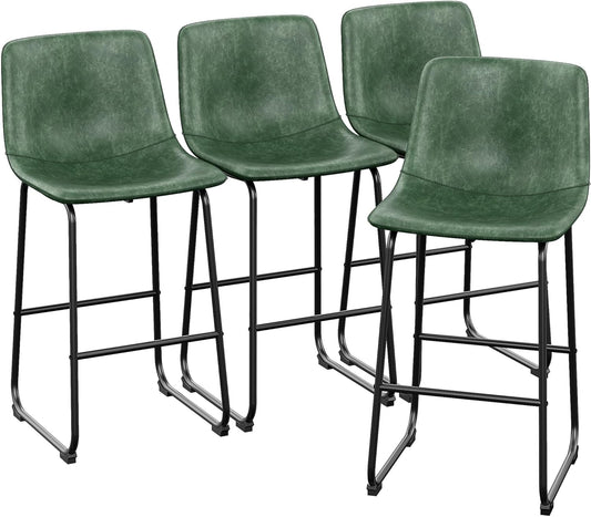 YaFiti Barstools 30'' PU Leather Counter Height Bar Stools Set of 4 with Back Modern Armless Chairs with Footrest and Metal Legs for Kitchen Living Room Pub,Green