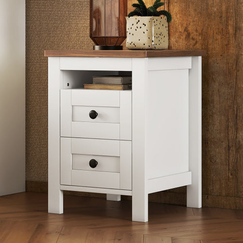 GIKPAL Rustic Nightstand with Charging Station, 2-Drawer Wooden Side Table for Bedroom & Living Room, Oak White