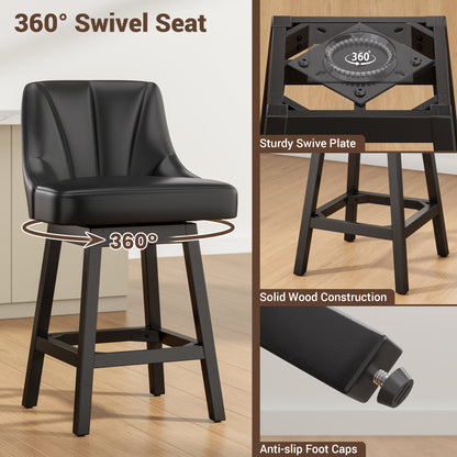 YaFiti Swivel Bar Stools with Backs, 26" Counter Height Bar Stools Set of 2, Modern Leather Extra Upholstered Counter Barstools with Square Solid Wood Legs for Kitchen Island, Dining Room, Black