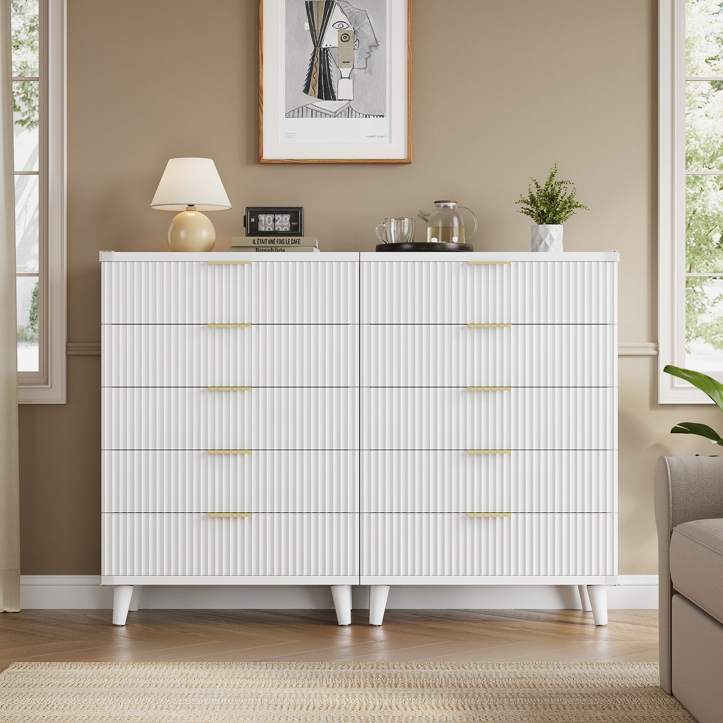 GIKPAL Fluted Tall Dresser Set of 2, Modern Fluted White Dresser Wood Chest of Drawers for Bedroom Living Room Hallway Entryway