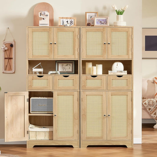 GIKPAL Kitchen Pantry Storage Cabinet with Power Outlet, Buffet Sideboard with Doors & Adjustable Shelves, Hutch Cabinet with Drawer for Kitchen Living Room, Natural